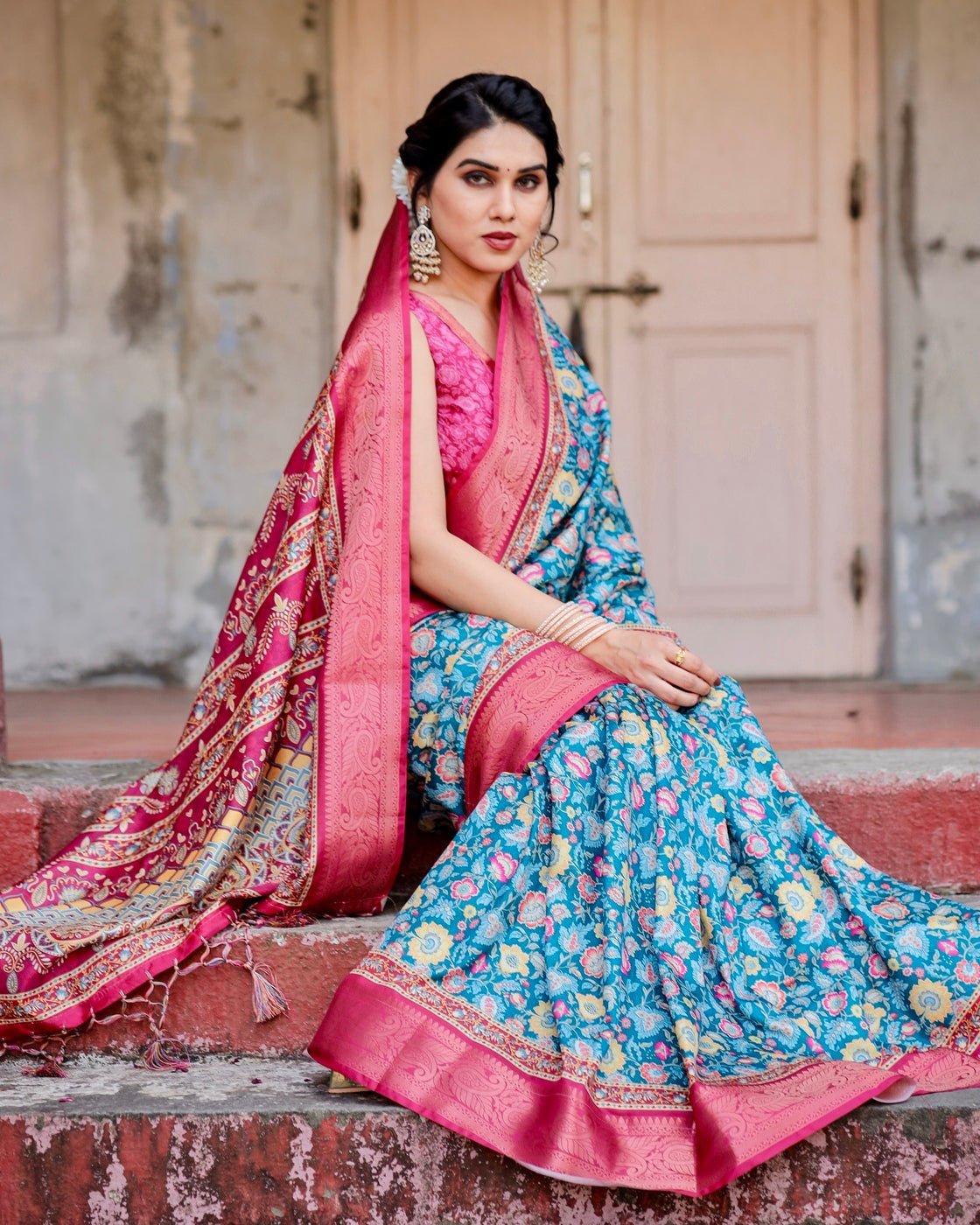 Pure Silk Digitally Printed Saree Weaved With Golden Zari Comes With Tassels - Almaari Fashion