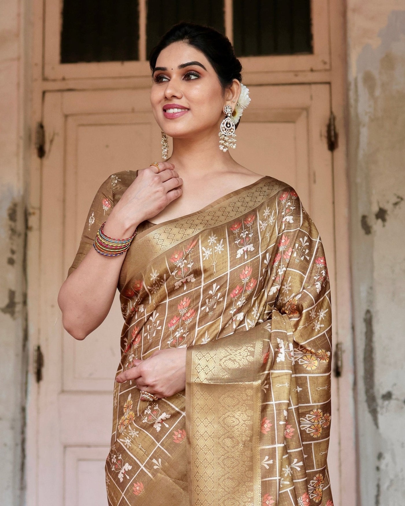 Pure Silk Digitally Printed Saree Weaved With Golden Zari Comes With Tassels - Almaari Fashion