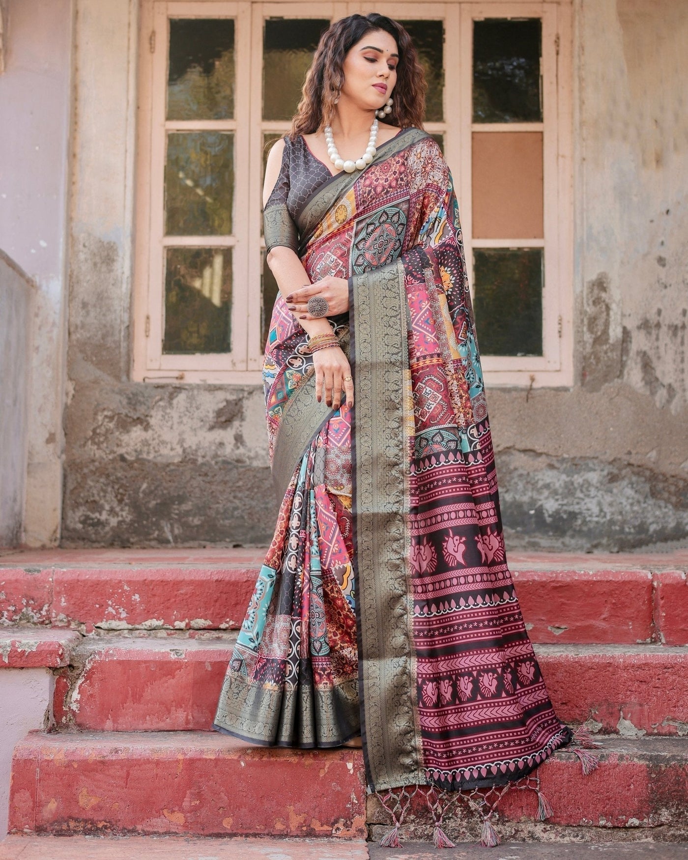 Pure Silk Digitally Printed Saree Weaved With Golden Zari Comes With Tassels - Almaari Fashion