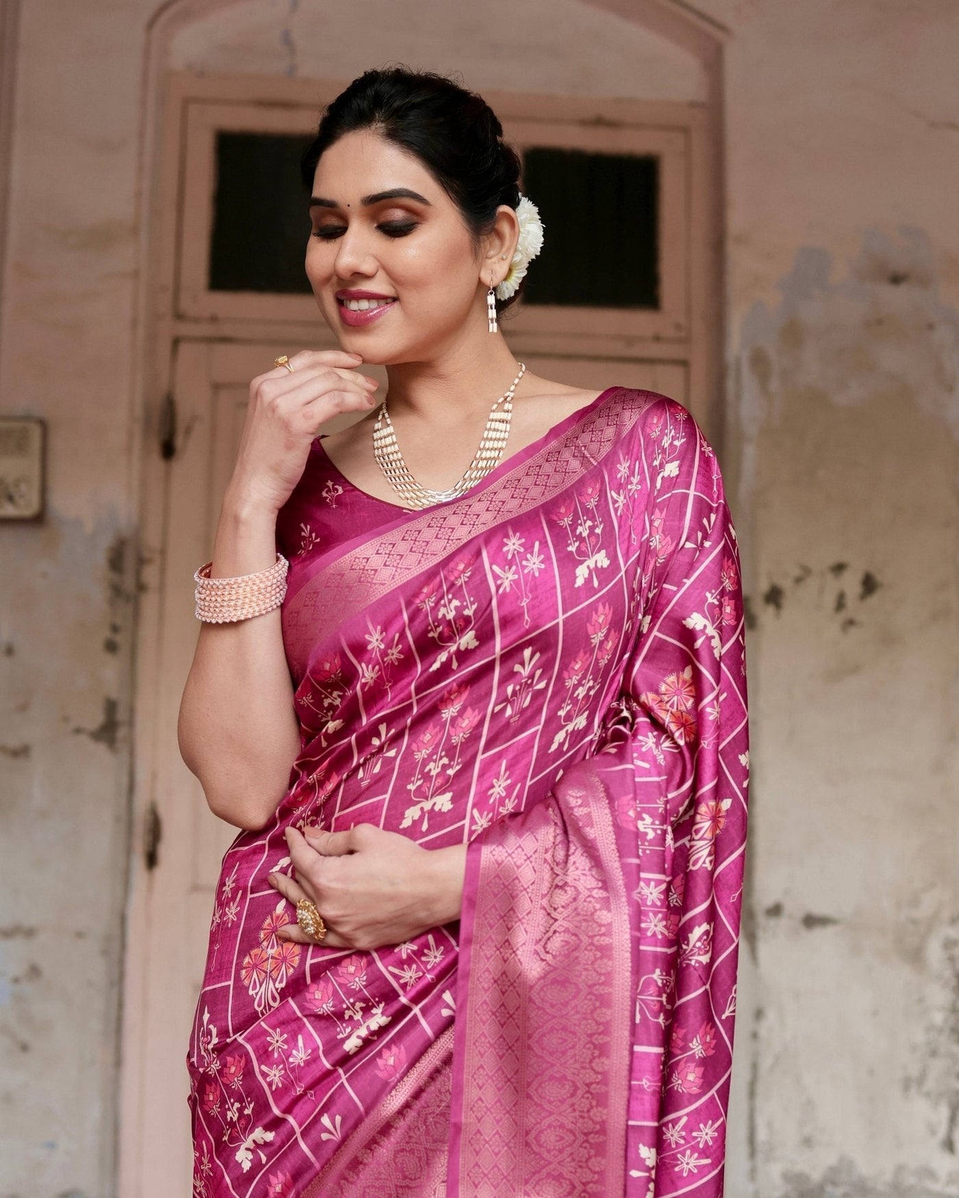 Pure Silk Digitally Printed Saree Weaved With Golden Zari Comes With Tassels - Almaari Fashion