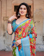 Multicolor Folk Art Inspired Digital Print Tussar Silk Saree with Sky Blue Zari Border