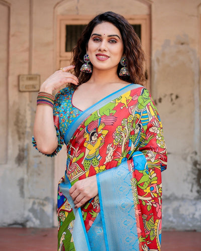 Pure Silk Digitally Printed Saree Weaved With Golden Zari Comes With Tassels - Almaari Fashion