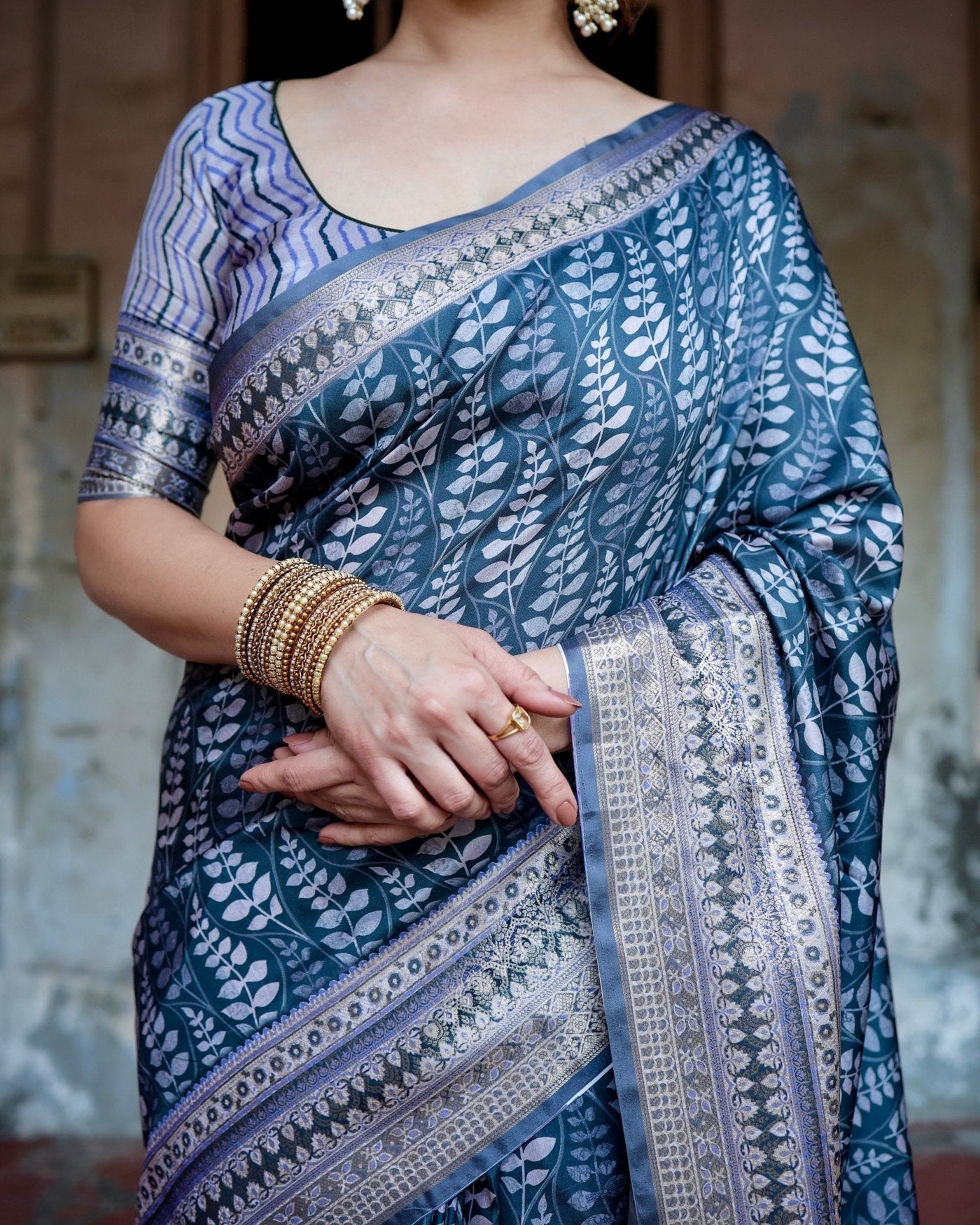 Pure Silk Digitally Printed Saree Weaved With Golden Zari Comes With Tassels - Almaari Fashion