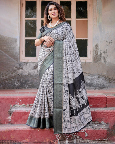 Pure Silk Digitally Printed Saree Weaved With Golden Zari Comes With Tassels - Almaari Fashion