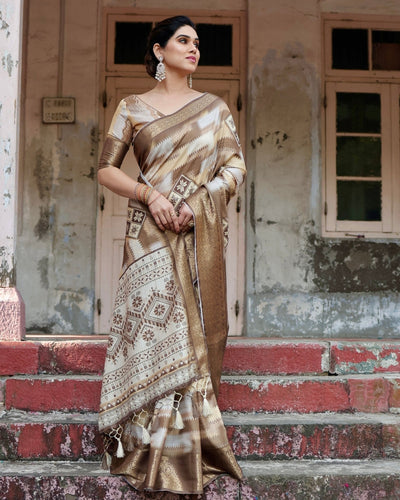 Pure Silk Digitally Printed Saree Weaved With Golden Zari Comes With Tassels - Almaari Fashion