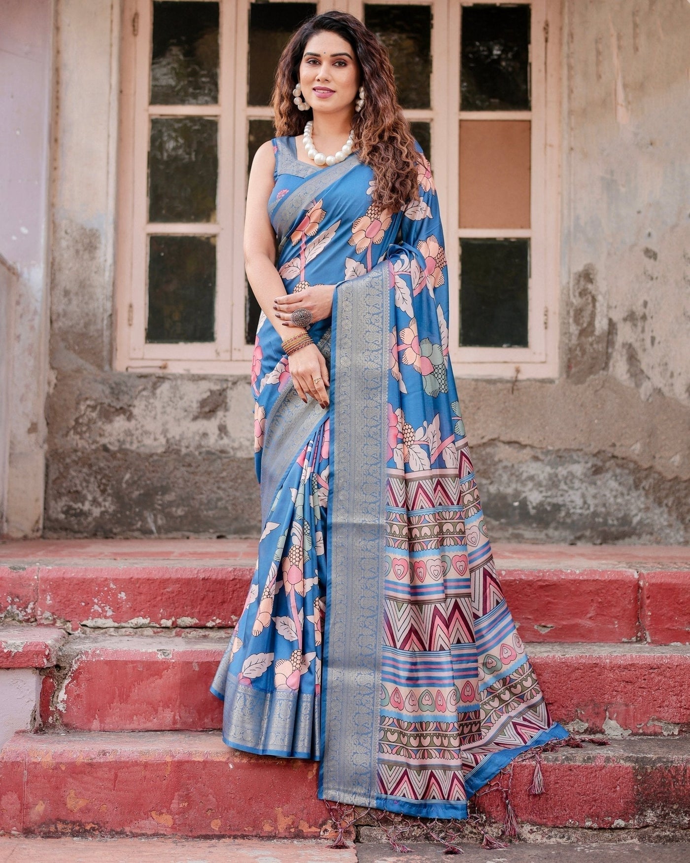 Pure Silk Digitally Printed Saree Weaved With Golden Zari Comes With Tassels - Almaari Fashion