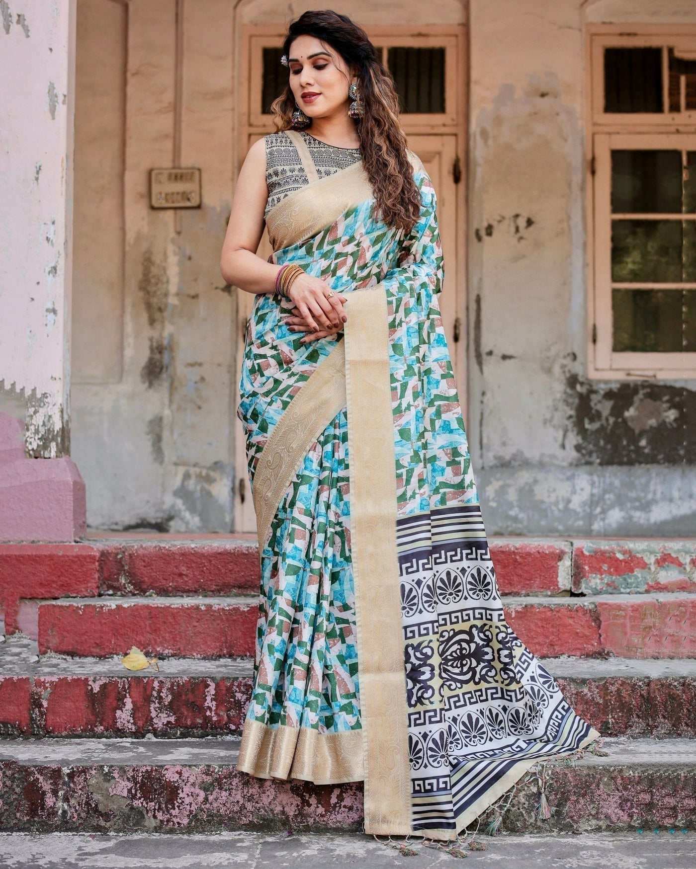 Pure Silk Digitally Printed Saree Weaved With Golden Zari Comes With Tassels - Almaari Fashion