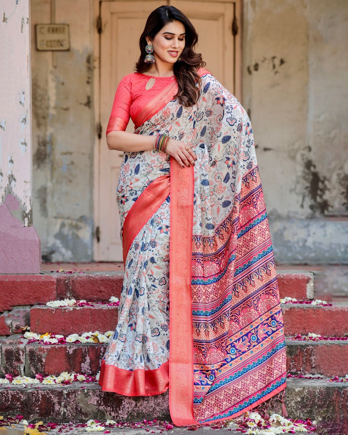 Pure Silk Digitally Printed Saree Weaved With Golden Zari Comes With Tassels - Almaari Fashion