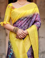 Purple and Yellow Tussar Silk Saree with Artistic Peacock Pallu and Zari Border