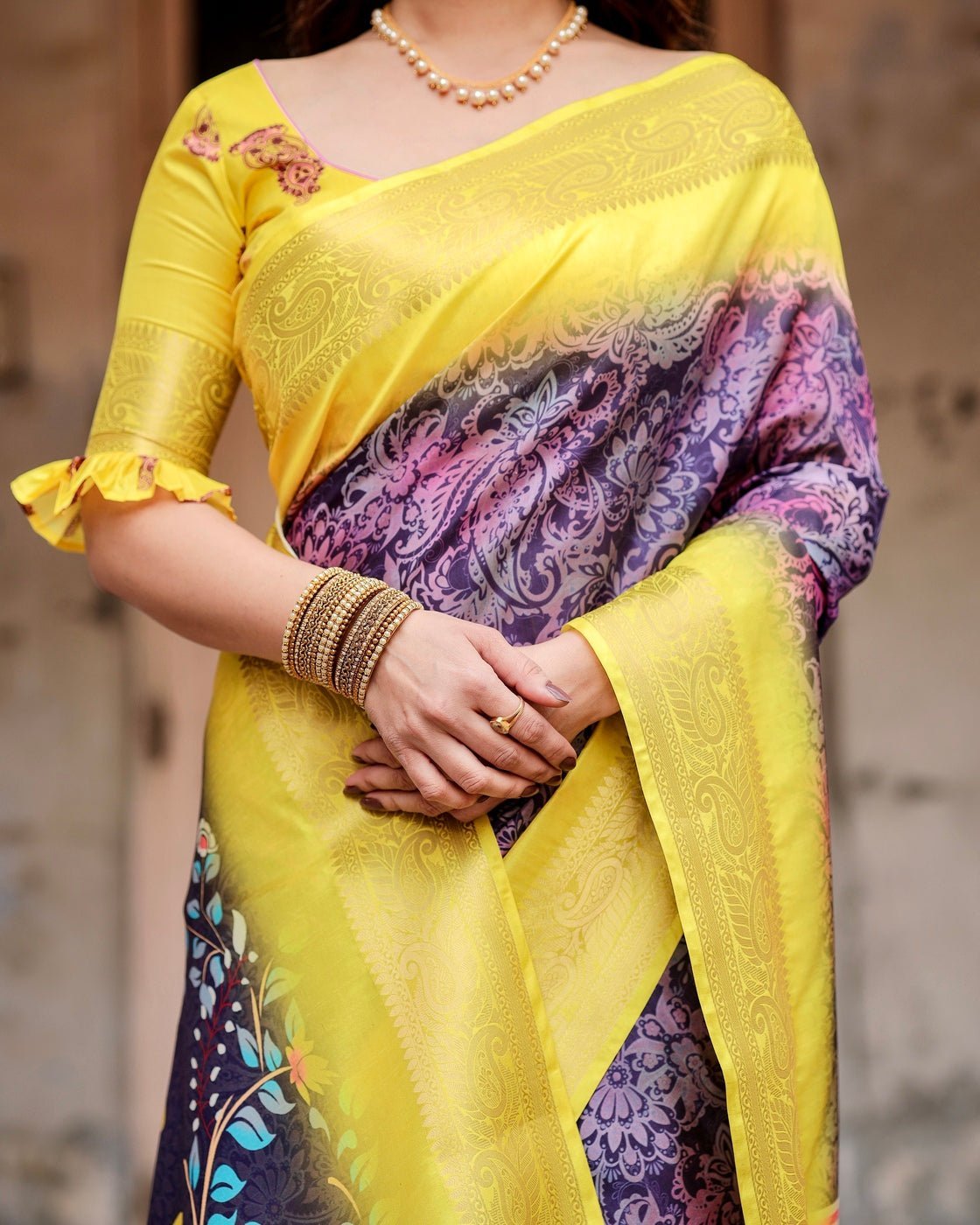 Pure Silk Digitally Printed Saree Weaved With Golden Zari Comes With Tassels - Almaari Fashion