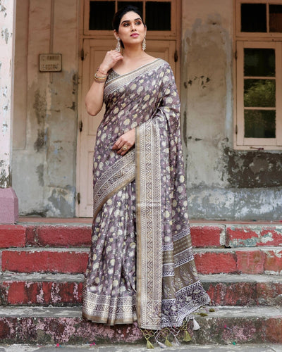 Pure Silk Digitally Printed Saree Weaved With Golden Zari Comes With Tassels - Almaari Fashion