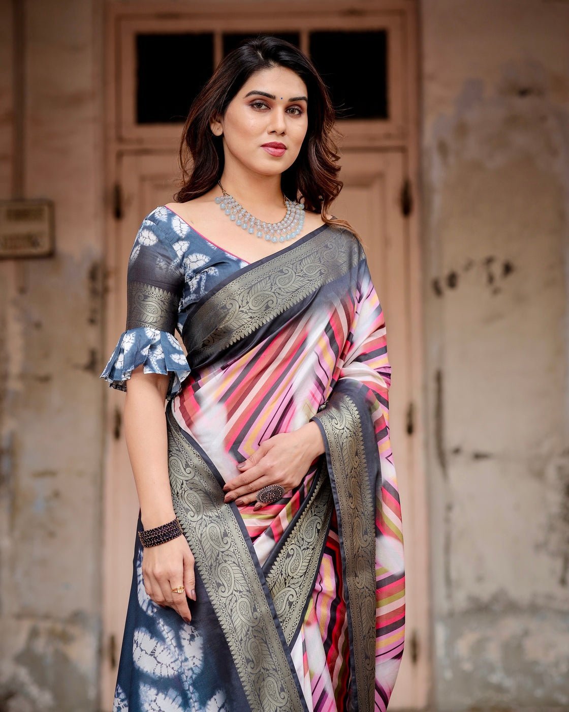 Pure Silk Digitally Printed Saree Weaved With Golden Zari Comes With Tassels - Almaari Fashion