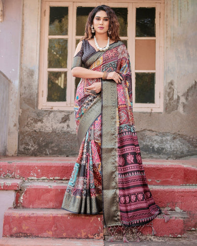 Pure Silk Digitally Printed Saree Weaved With Golden Zari Comes With Tassels - Almaari Fashion