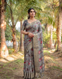 Stunning Grey Tussar Silk Saree with Golden Zari Border and Mosaic-Inspired Pallu Design