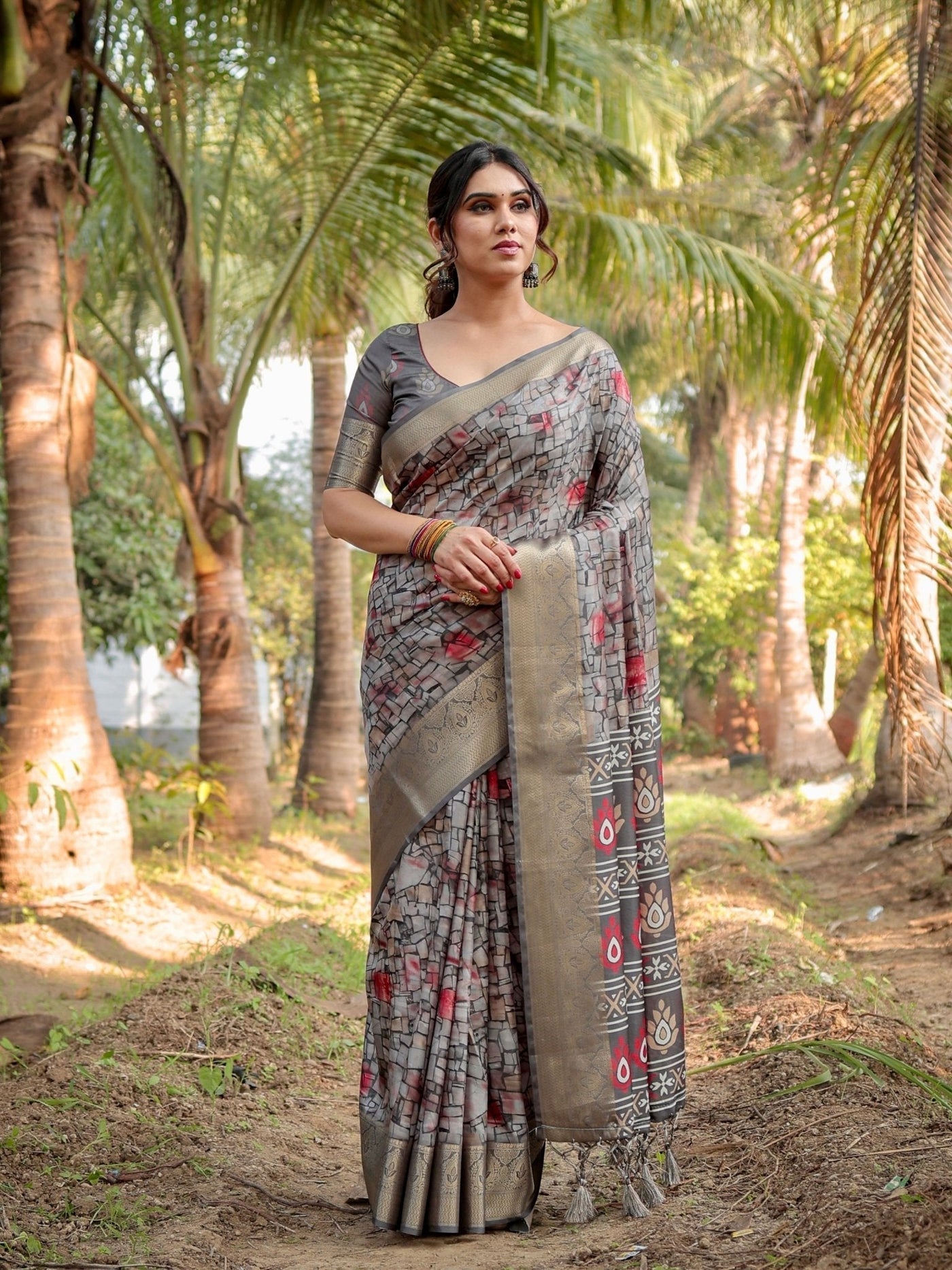 Pure Silk Digitally Printed Saree Weaved With Golden Zari Comes With Tassels - Almaari Fashion