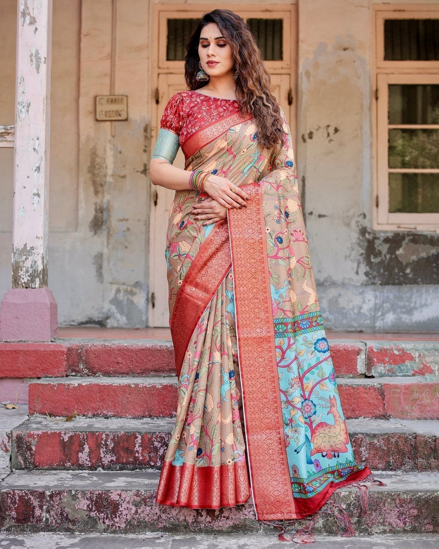 Pure Silk Digitally Printed Saree Weaved With Golden Zari Comes With Tassels - Almaari Fashion