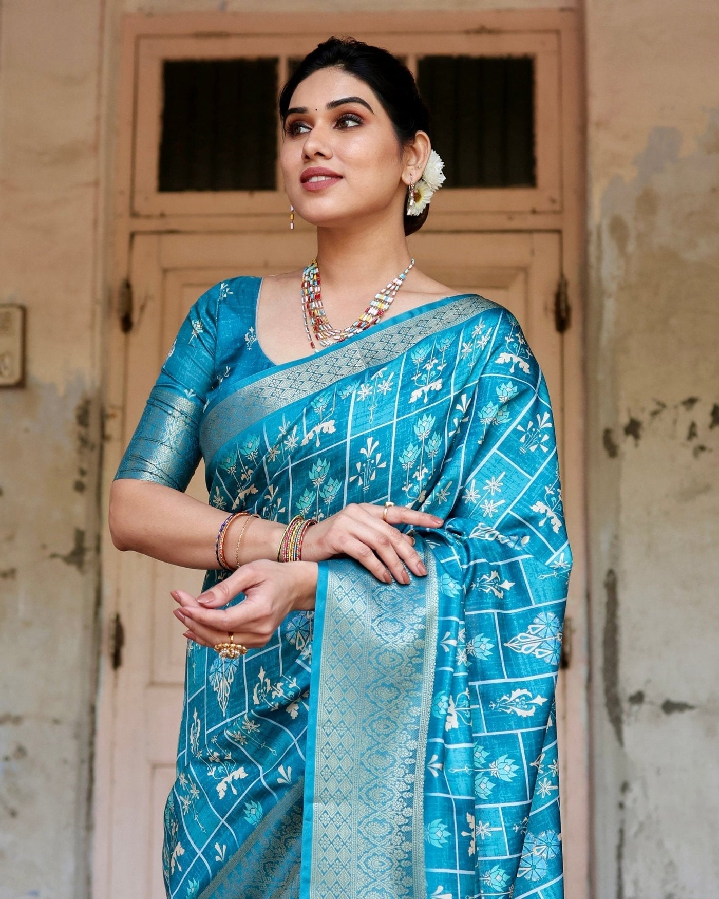 Pure Silk Digitally Printed Saree Weaved With Golden Zari Comes With Tassels - Almaari Fashion