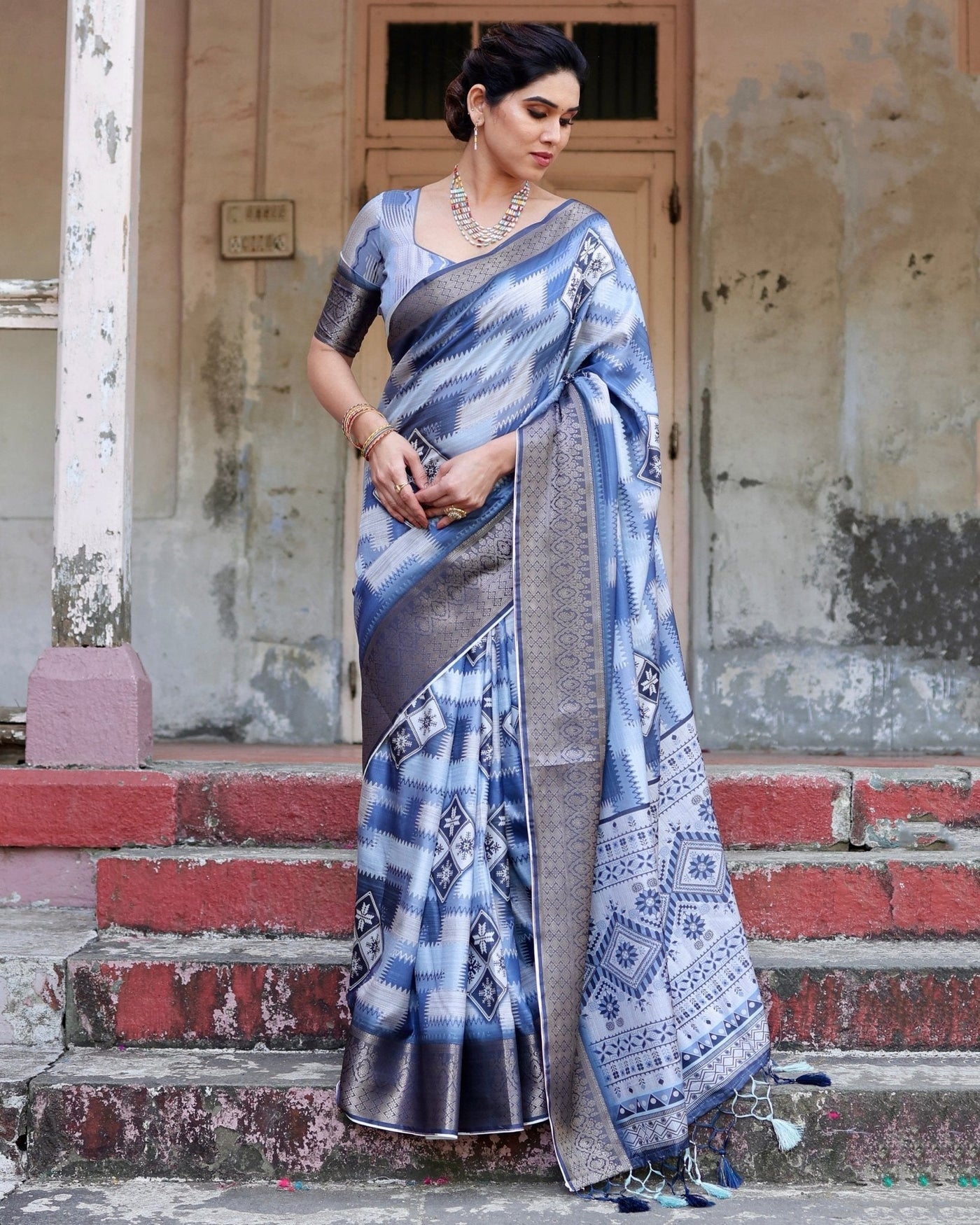 Pure Silk Digitally Printed Saree Weaved With Golden Zari Comes With Tassels - Almaari Fashion