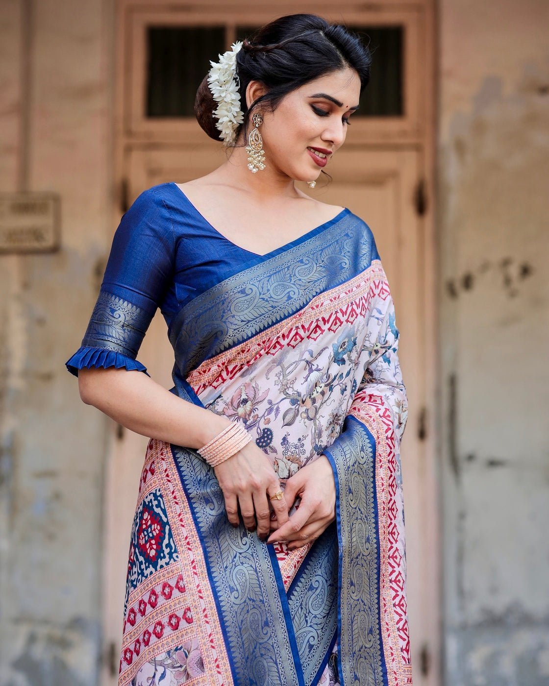 Pure Silk Digitally Printed Saree Weaved With Golden Zari Comes With Tassels - Almaari Fashion