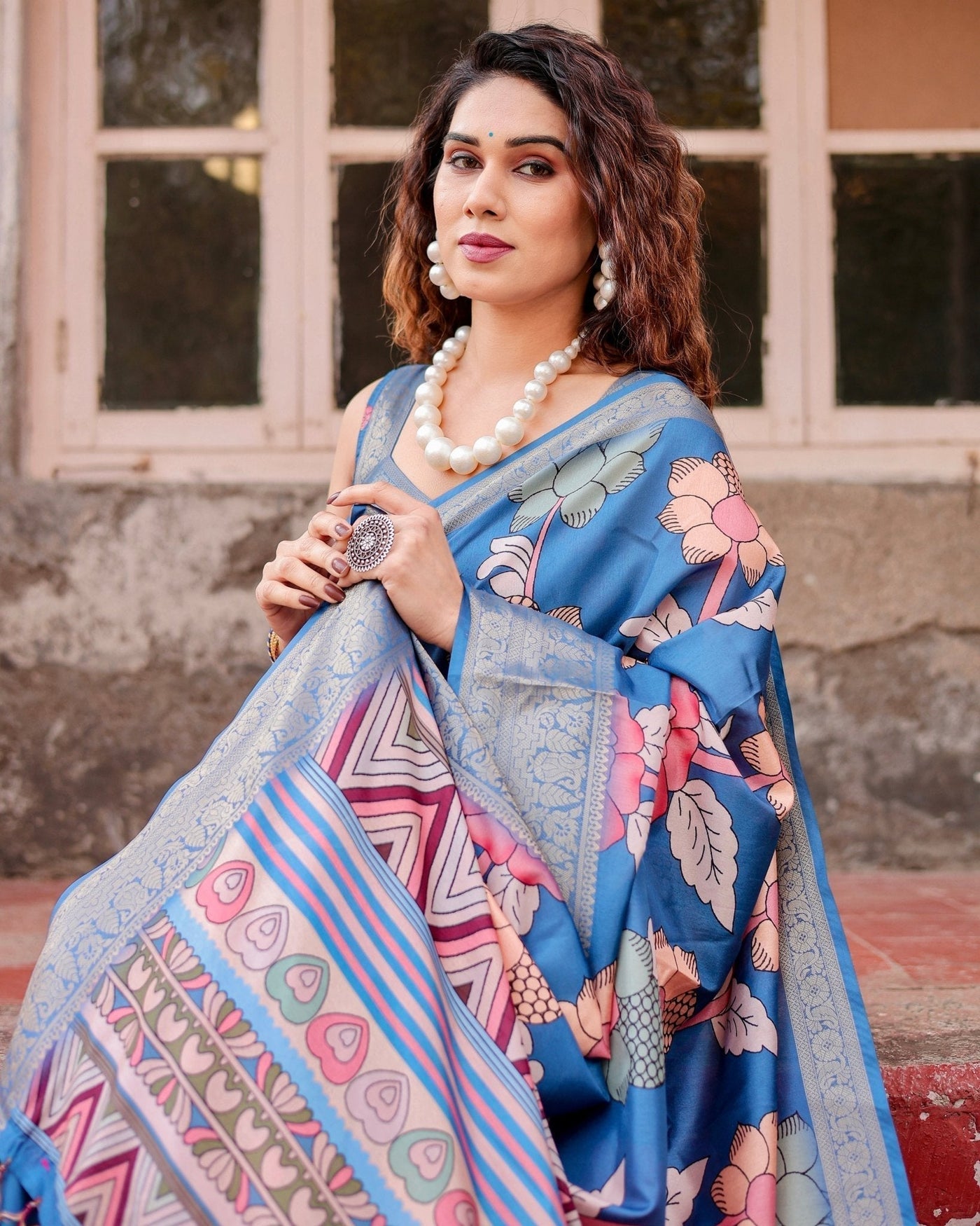 Pure Silk Digitally Printed Saree Weaved With Golden Zari Comes With Tassels - Almaari Fashion