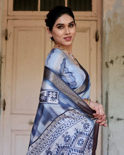 Pure Silk Digitally Printed Saree Weaved With Golden Zari Comes With Tassels - Almaari Fashion