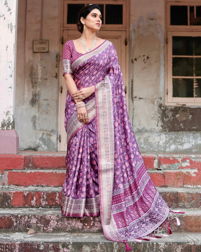 Pure Silk Digitally Printed Saree Weaved With Golden Zari Comes With Tassels - Almaari Fashion