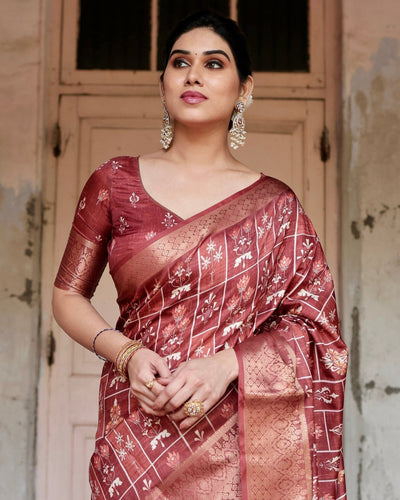 Pure Silk Digitally Printed Saree Weaved With Golden Zari Comes With Tassels - Almaari Fashion