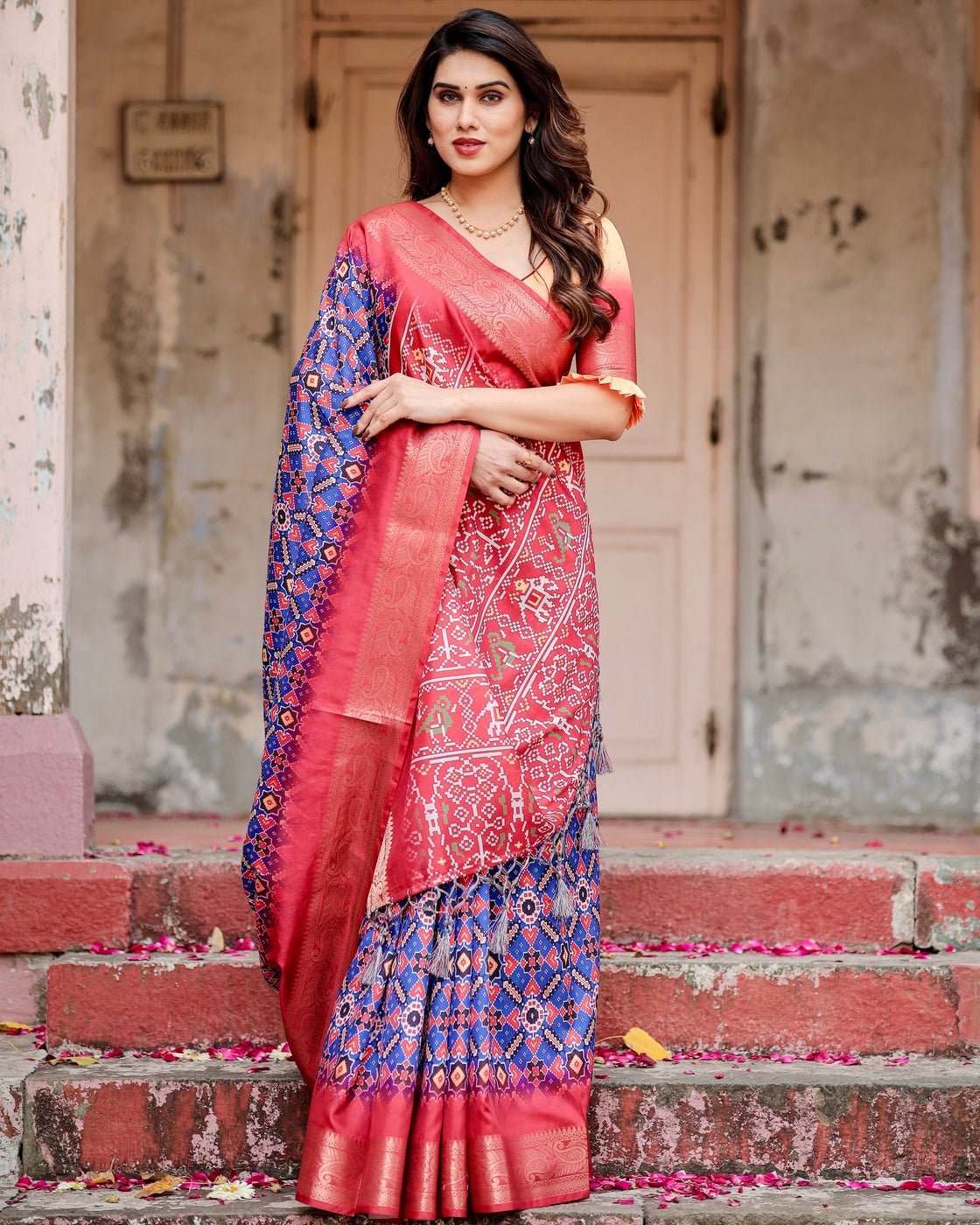 Pure Silk Digitally Printed Saree Weaved With Golden Zari Comes With Tassels - Almaari Fashion