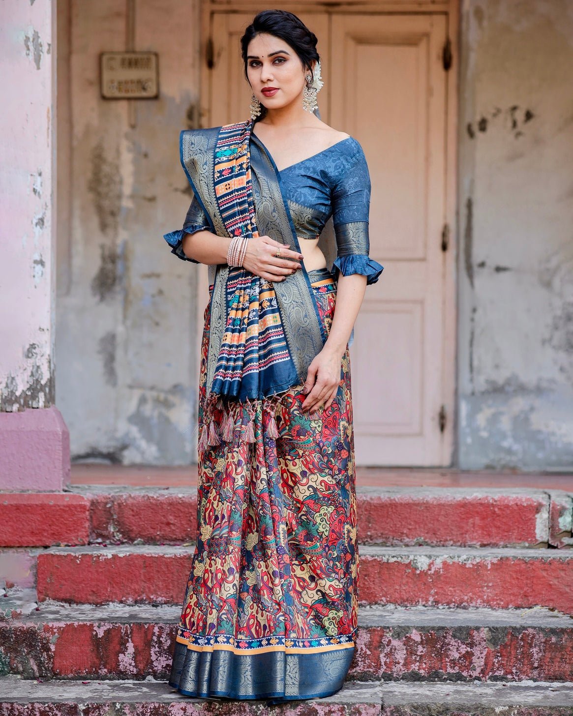 Pure Silk Digitally Printed Saree Weaved With Golden Zari Comes With Tassels - Almaari Fashion