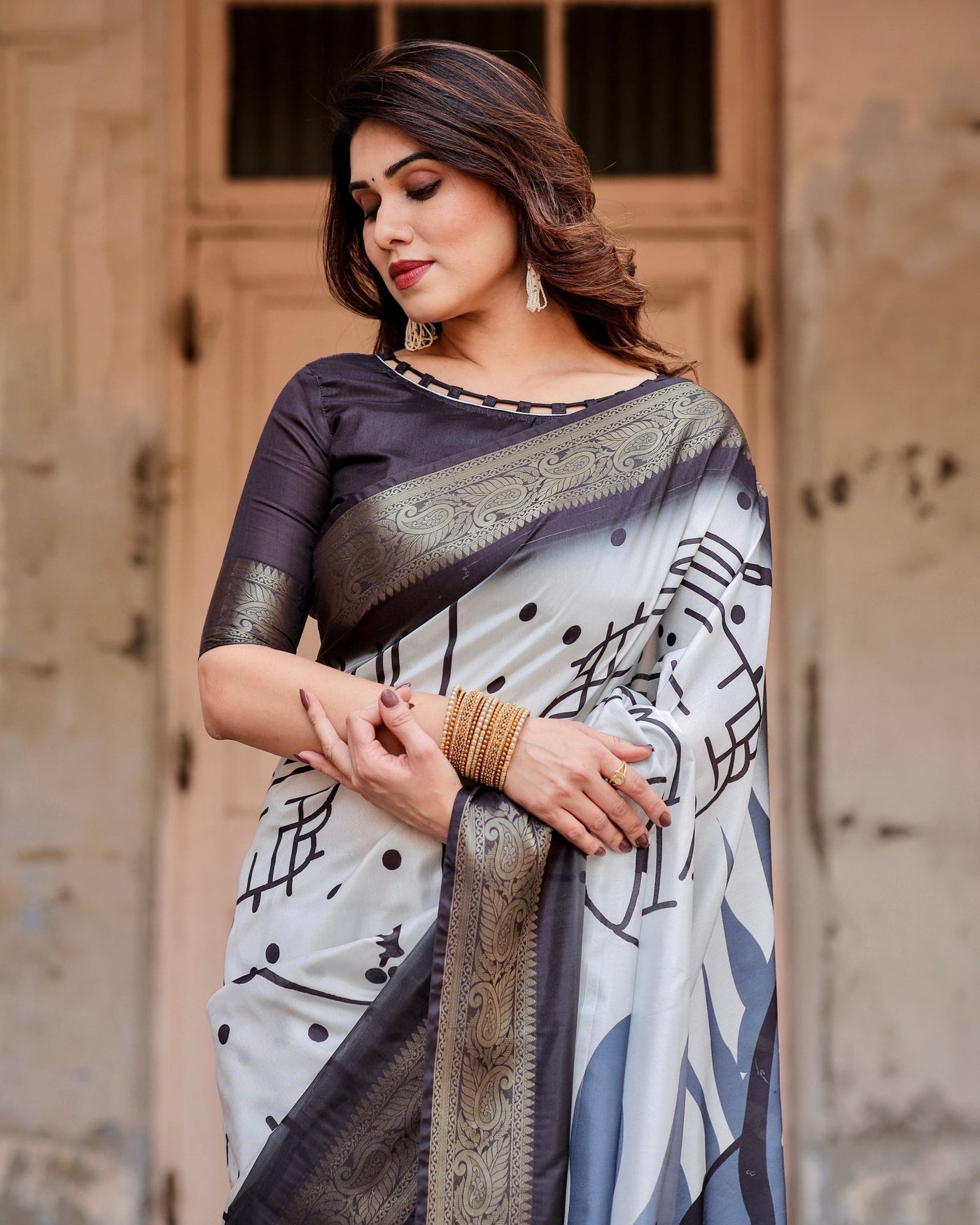 Pure Silk Digitally Printed Saree Weaved With Golden Zari Comes With Tassels - Almaari Fashion