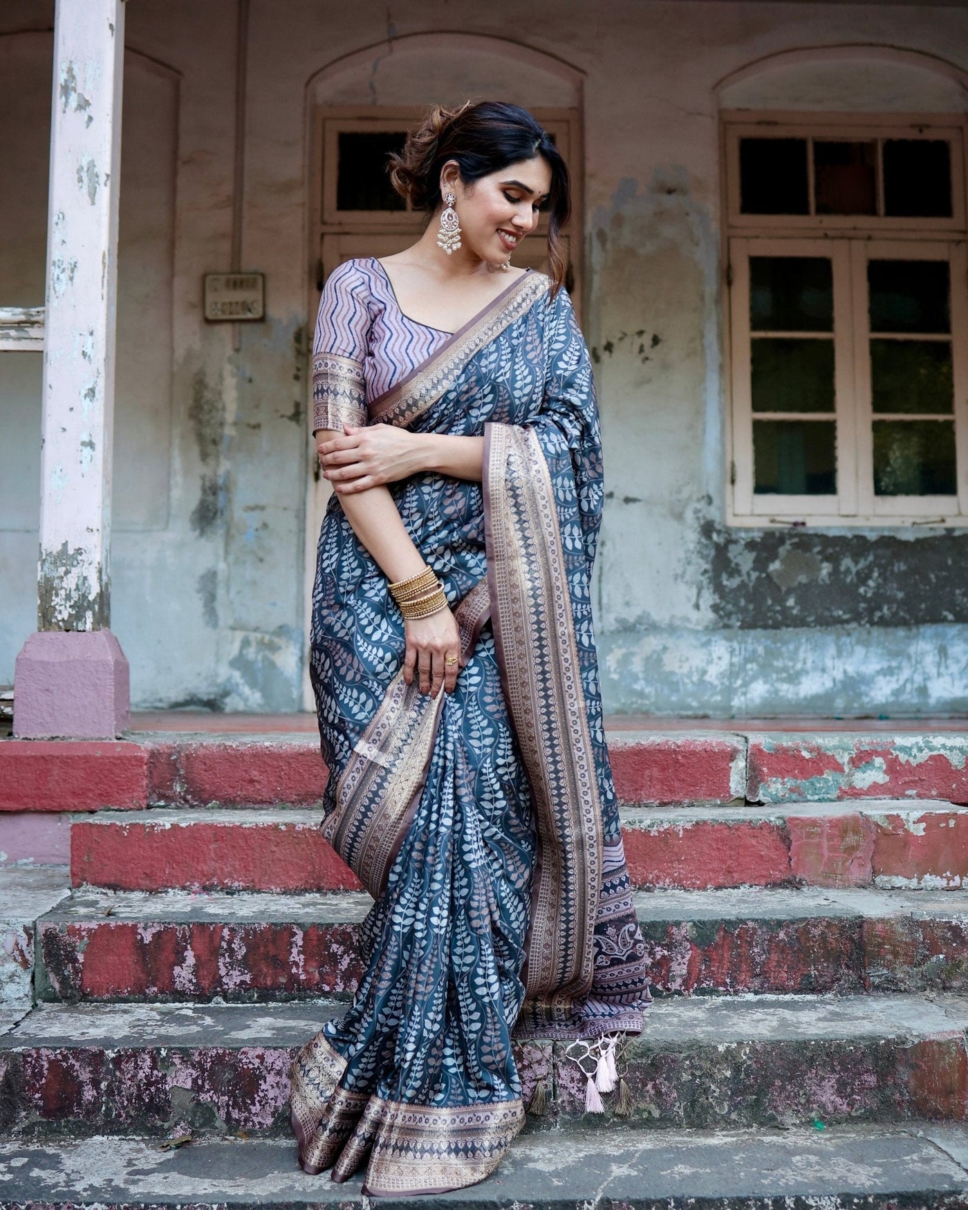 Pure Silk Digitally Printed Saree Weaved With Golden Zari Comes With Tassels - Almaari Fashion