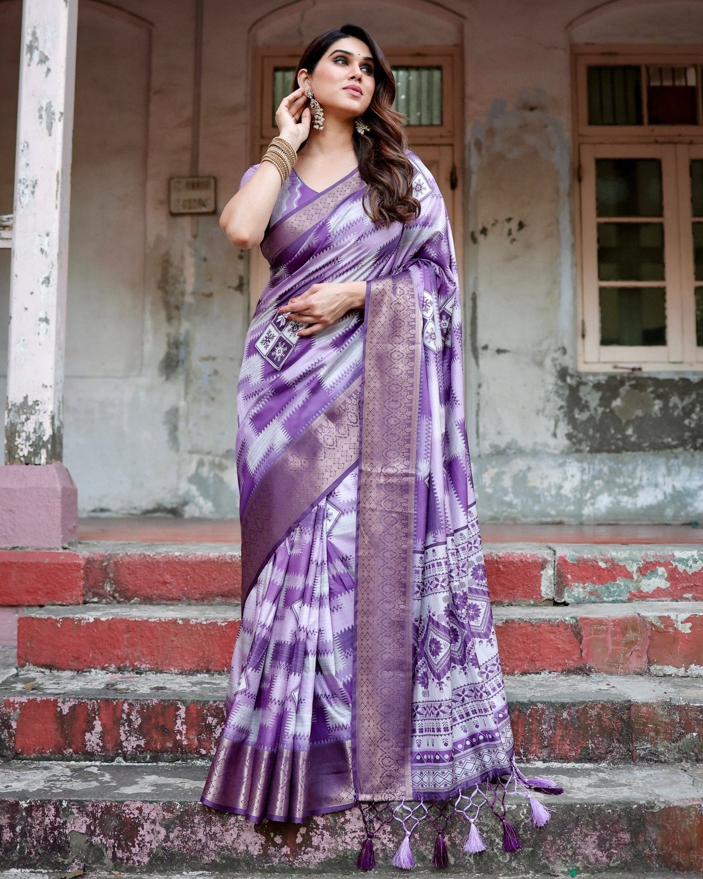 Pure Silk Digitally Printed Saree Weaved With Golden Zari Comes With Tassels - Almaari Fashion