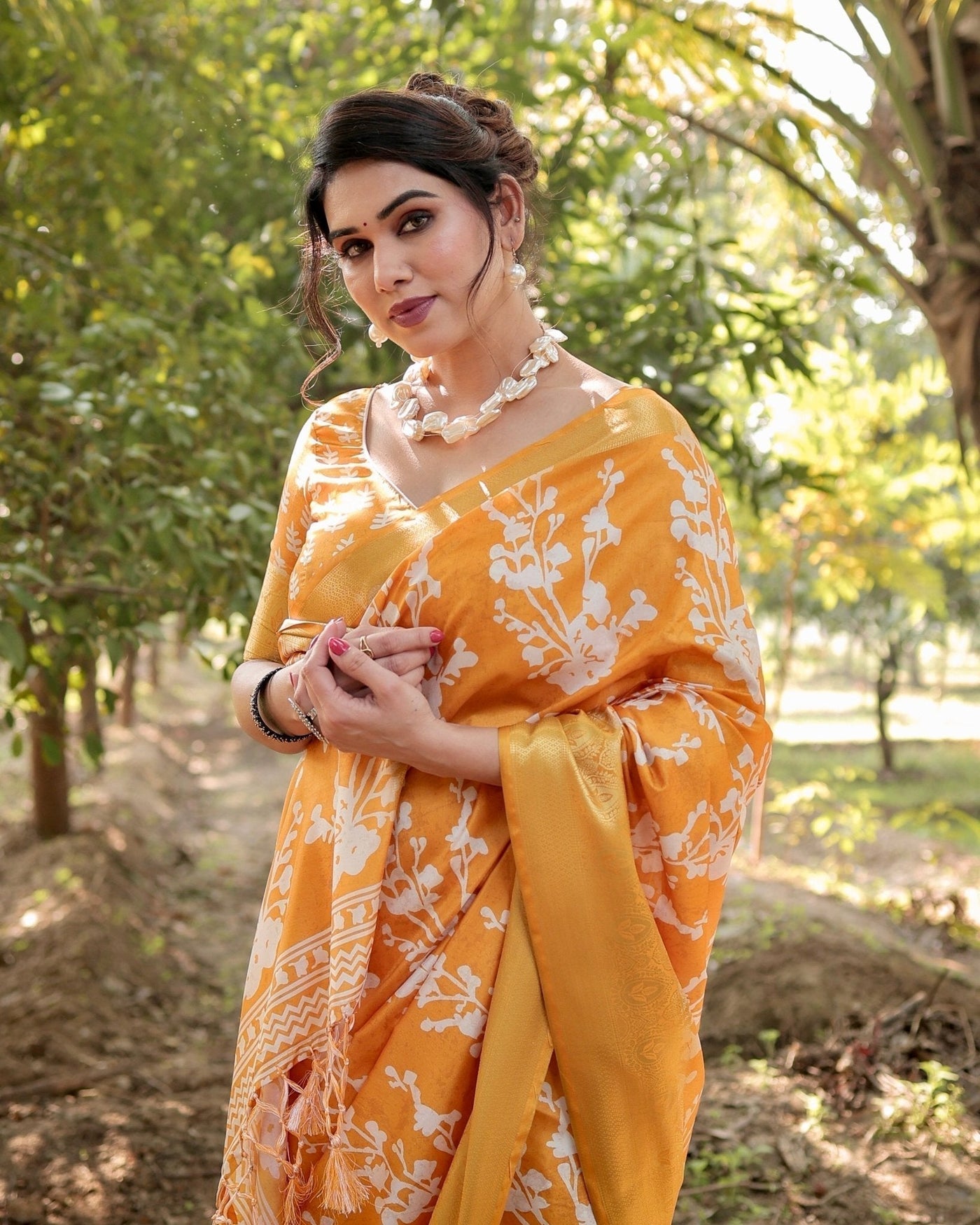 Pure Silk Digitally Printed Saree Weaved With Golden Zari Comes With Tassels - Almaari Fashion