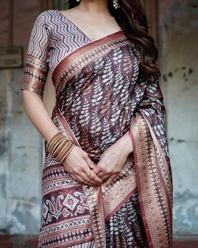 Pure Silk Digitally Printed Saree Weaved With Golden Zari Comes With Tassels - Almaari Fashion