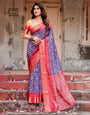 Royal Blue and Red Banarasi Silk Saree with Geometric Patterns and Ornate Zari Border