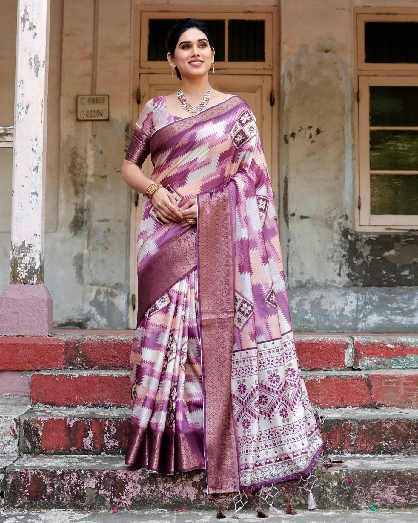 Pure Silk Digitally Printed Saree Weaved With Golden Zari Comes With Tassels - Almaari Fashion