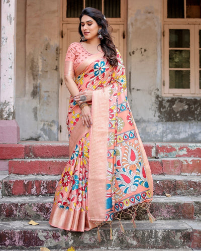 Pure Silk Digitally Printed Saree Weaved With Golden Zari Comes With Tassels - Almaari Fashion