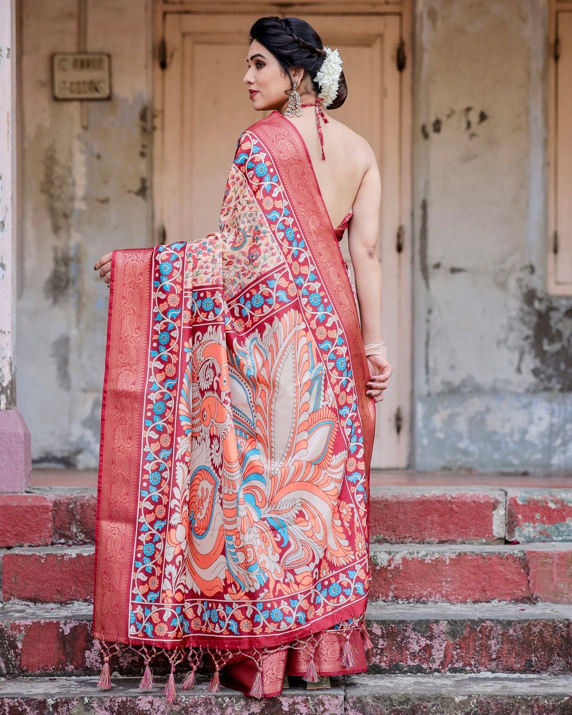 Pure Silk Digitally Printed Saree Weaved With Golden Zari Comes With Tassels - Almaari Fashion