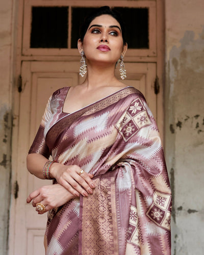 Pure Silk Digitally Printed Saree Weaved With Golden Zari Comes With Tassels - Almaari Fashion