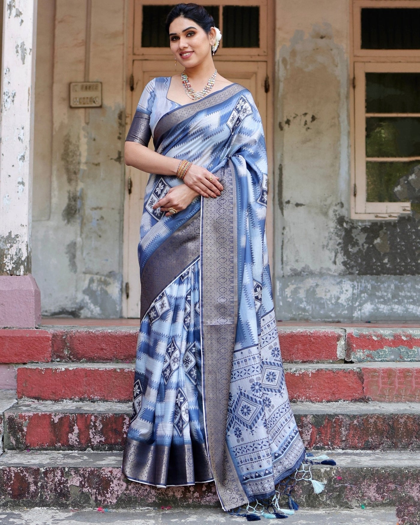 Pure Silk Digitally Printed Saree Weaved With Golden Zari Comes With Tassels - Almaari Fashion