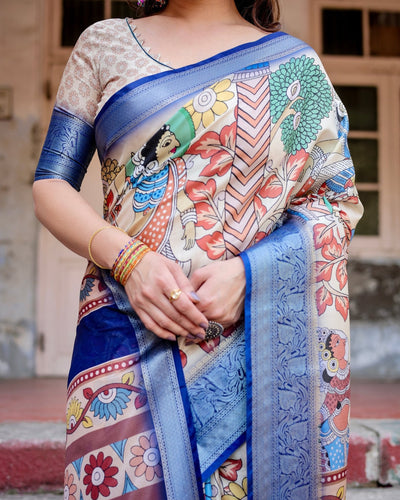 Pure Silk Digitally Printed Saree Weaved With Golden Zari Comes With Tassels - Almaari Fashion