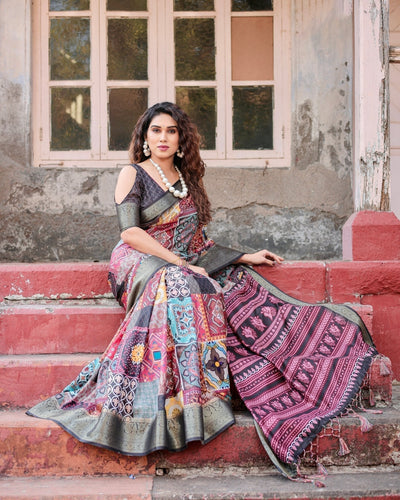 Pure Silk Digitally Printed Saree Weaved With Golden Zari Comes With Tassels - Almaari Fashion