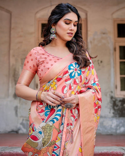 Pure Silk Digitally Printed Saree Weaved With Golden Zari Comes With Tassels - Almaari Fashion