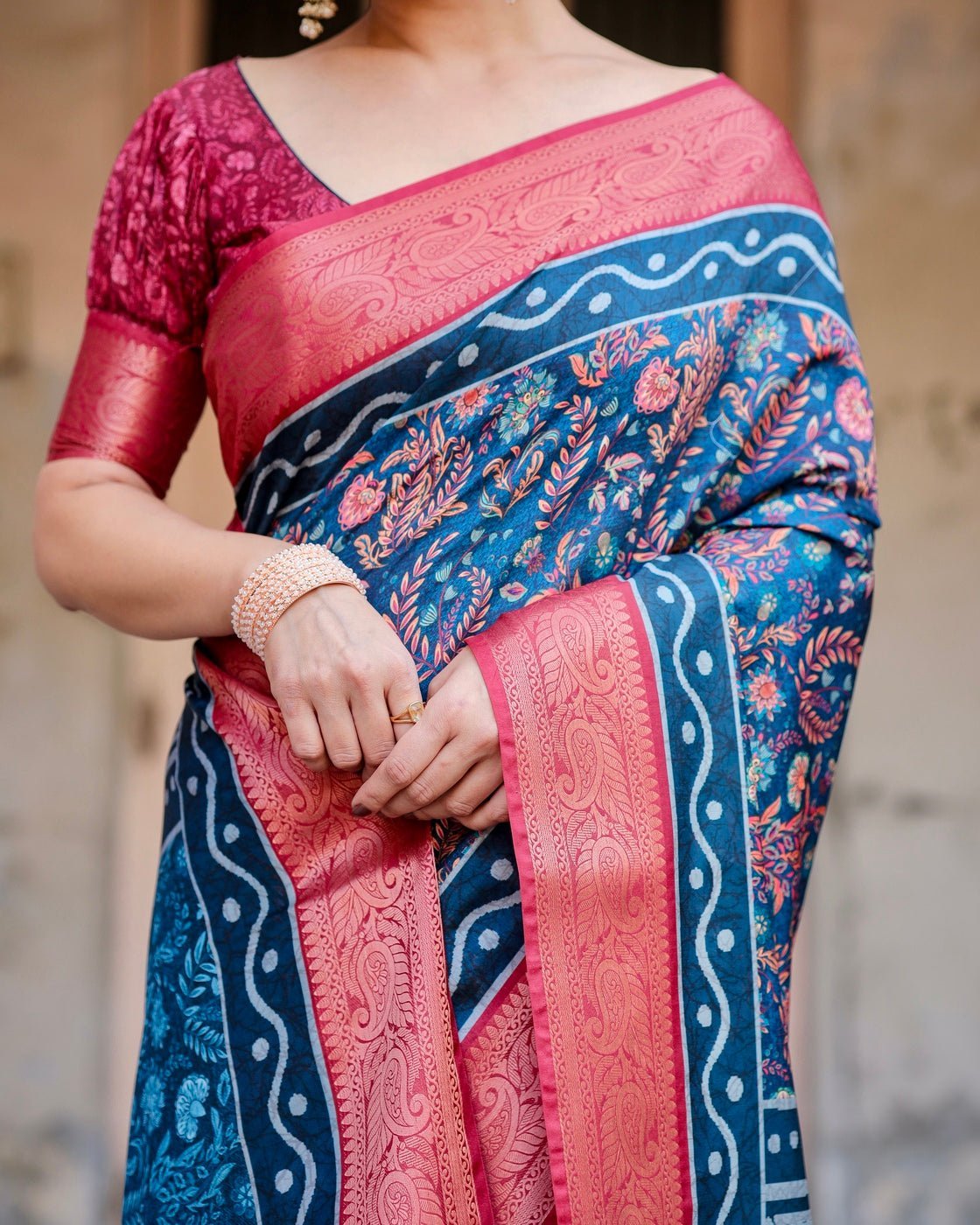 Pure Silk Digitally Printed Saree Weaved With Golden Zari Comes With Tassels - Almaari Fashion