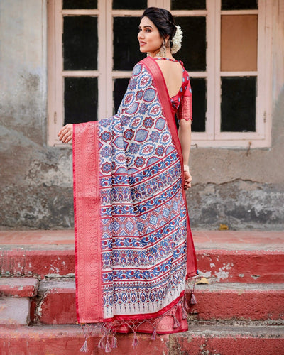 Pure Silk Digitally Printed Saree Weaved With Golden Zari Comes With Tassels - Almaari Fashion