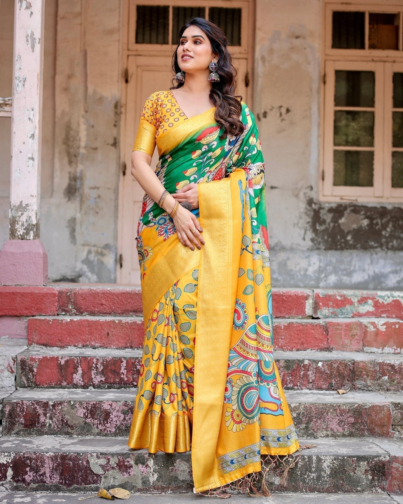 Pure Silk Digitally Printed Saree Weaved With Golden Zari Comes With Tassels - Almaari Fashion