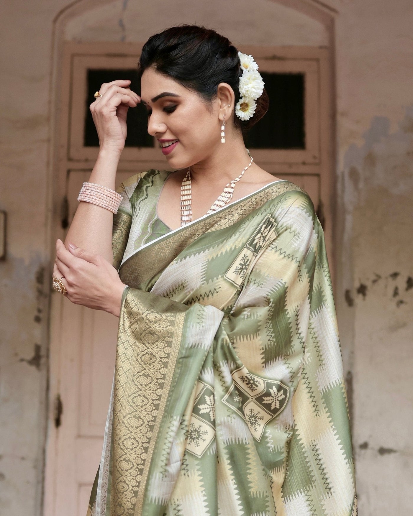 Pure Silk Digitally Printed Saree Weaved With Golden Zari Comes With Tassels - Almaari Fashion