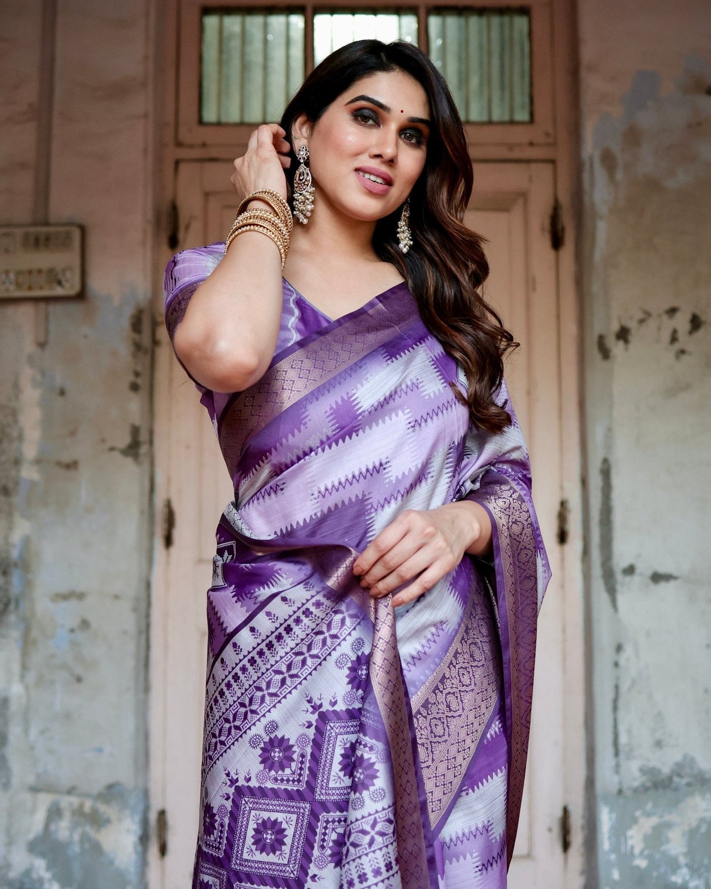 Pure Silk Digitally Printed Saree Weaved With Golden Zari Comes With Tassels - Almaari Fashion