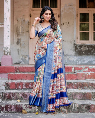 Pure Silk Digitally Printed Saree Weaved With Golden Zari Comes With Tassels - Almaari Fashion