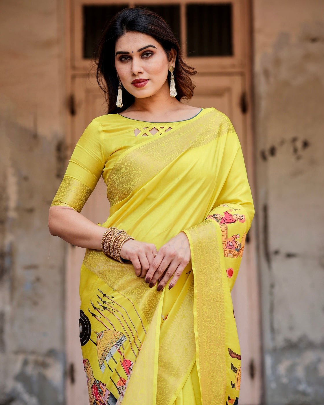 Pure Silk Digitally Printed Saree Weaved With Golden Zari Comes With Tassels - Almaari Fashion